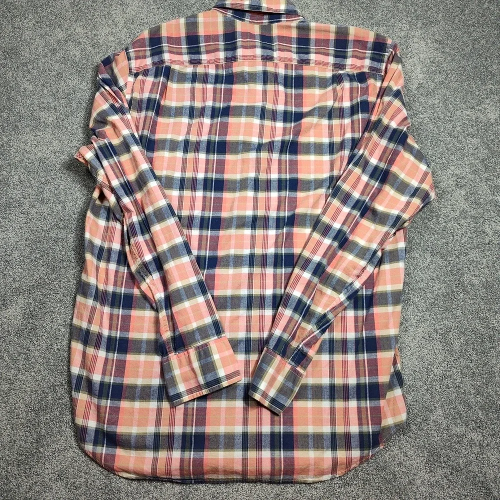 J Crew Mens Summer Plaid Button Down Long Sleeve Shirt Size M Peach Navy Cotton